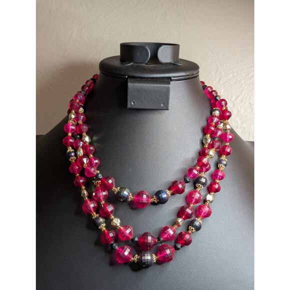 VTG Signed Western Germany Pink Gray Faceted Three Strand Acrylic Bead Necklace - Picture 2 of 9